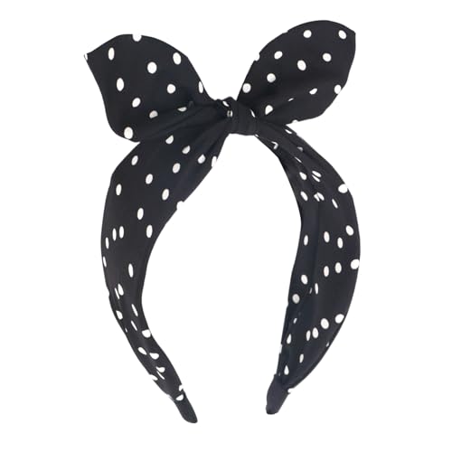 BYNYTO Black Polka Dot Bow Headbands for Women and Girls, Non-Slip Cute Bandana Hairband, Flexible Bunny Ear Wide Knotted Hair Hoop, Halloween Costume Retro 50s Hair Accessories