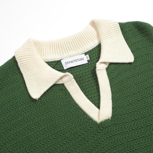 OXKNIT Mens Knit Polo Shirts Vintage Short Sleeve Golf Shirts Textured Retro Poloshirt White V-Neck
