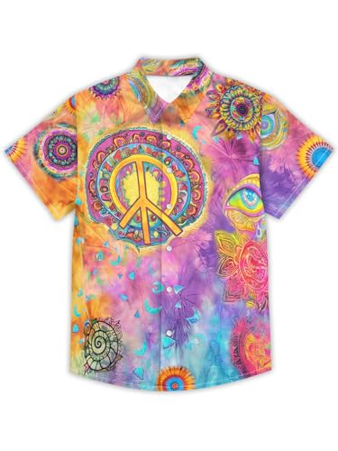 Tie Dye Hippie Shirts for Men Retro Vintage 60s 70s Peace Sign Funny Hawaiian Short Sleeve Button Down Shirts Rainbow