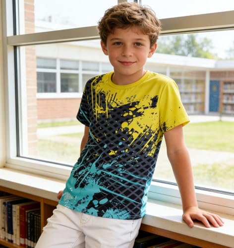 Lovekider Boys 80s 90s Shirts Size 7-8T Retro Graphic Dry Fit Athletic Tshirt Short Sleeve Shirt Novelty Tops for 7-8 Years Kids Yellow Blue
