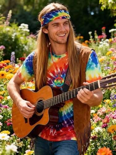 Treature Hippie Costume for Men 60s 70s - Tie Dye Shirt with Fringe Vest & Wig Set, Retro Outfit Complete with Headband for Carnival (7pcs Set, XL)