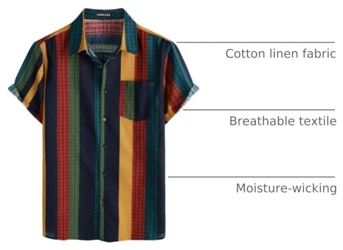 PARKLEES Men's Linen 70s Hippie Style Floral Print Shirt Short Sleeve Button Down Hawaiian Shirts Colorful Stripe Medium