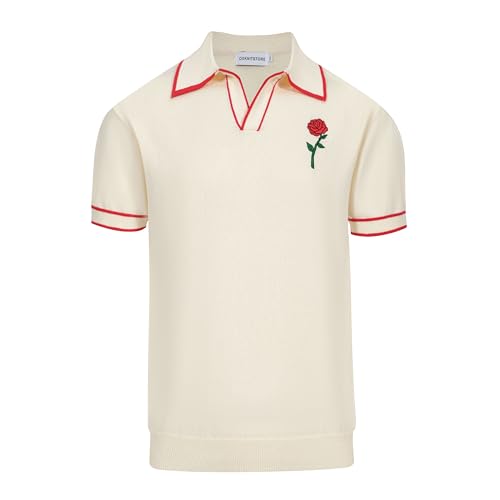 OXKNIT Men's Knit Vintage Polo Shirts Short-Sleeve Casual V Neck Shirt with Embroidered Rose for Sport Work