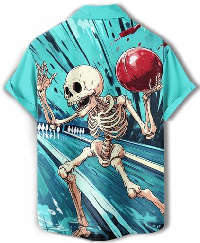 DADDYLOCO Men's Hawaiian Shirt, Skeleton Bowling Print, Short Sleeve Button Down, Light Blue, Polyester, Regular Fit