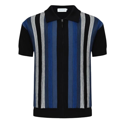 OXKNIT Men's Short Sleeve Knit Retro Polo Shirt, 1960s Mod Style Vintage Zip Stripe Golf Polo T Shirts