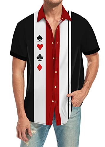 Ecosunny Poker Shirts for Men Short Sleeve Geometric Print Bowling Casual Button Down Collar Shirt