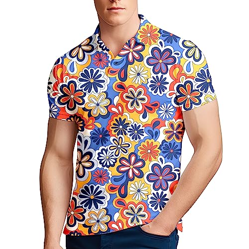 ZePinger Hippie Flower 70s Shirts for Men - Retro Short Sleeve Golf Shirt