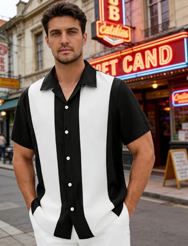 Men's Vintage Bowling Shirts 1950s Retro Short Sleeve Outfits Button Down Summer Cuban Beach Shirt White