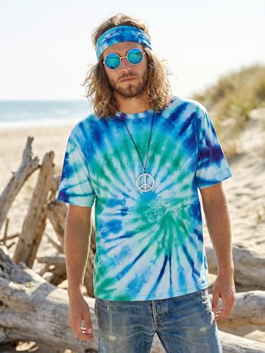 Wianja Hippie Costume for Men 60s 70s Hippie Outfits Tie Dye T-Shirt Wig Peace Necklace Accessories 5-piece