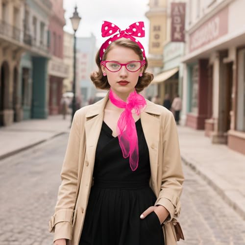 Sdfvsdg 50s Set 50's Costume Accessories Chiffon Scarf Cat Eye Glasses Bandana Tie Headband Earrings for Cosplay Party