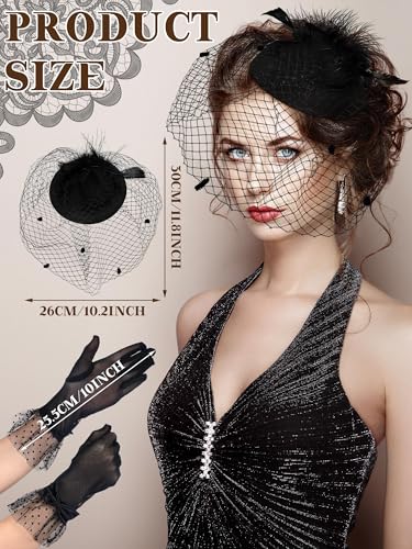 Geyoga 50s Fascinators Hat for Women 20s Feather Pillbox Hair Clip Funeral Tea Party first communion Headpiece and Lace Glove(Black)