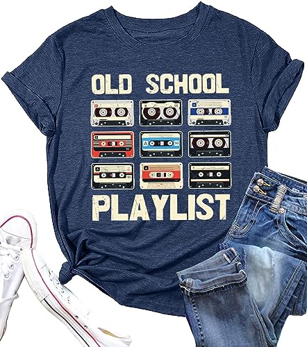 MYCHTE Retro 80s Tshirt for Women Cassette Tape Music Old School Playlist Shirt(XXL, Blue)