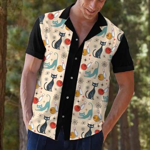 Retro Cat Bowling Vintage-Inspired 80s Hawaiian Shirts for Men 90s Hawaiian Shirts Short Sleeve Button Down Shirt
