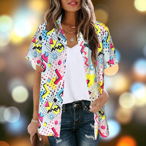 80s 90s Outfits for Women Hawaiian Retro Party Disco Neon Outfits Neon Short Sleeve Button Down Blouse Tops B White M