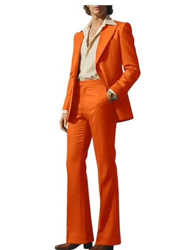 Men's 2 Piece Retro Flared Suit Set Single Breasted Blazer Wide Leg Pants 70s Vintage Formal Outfit for Wedding Party Prom Orange