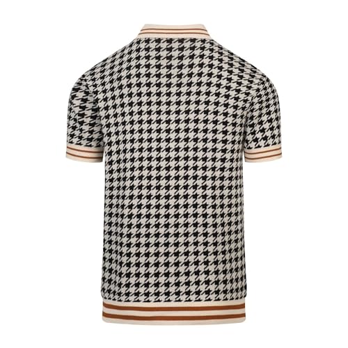 OXKNIT Button Down Knit Polo Shirts for Men, 1960s Retro Beige and Black Pattern Short-Sleeve Cardigan Tops with Pocket