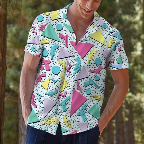 ACEPrints Retro Colorful Gun Hawaiian Shirts for Men Casual Bowling Shirt Mens Hawaiian Shirts Short Sleeve Button Down Shirt Men