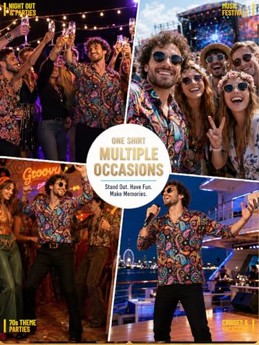 Dicxoser Men's 70s Disco Shirt (US, Alpha, Large, Regular, Regular, Orange)
