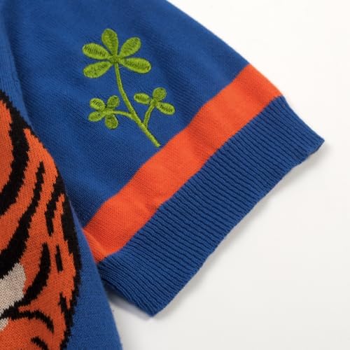 OXKNIT Men's Knit Short Sleeve Shirts Vintage Tiger Pattern Knitted Polo Shirt Blue Cotton Polo with Zipper and Pocket