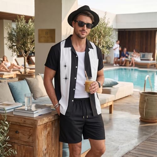 WILDPARTY Men's Matching Set, 1950s Retro Bowling Shirt and Shorts With Hat Glasses Vacation Beach Party Outfit Summer
