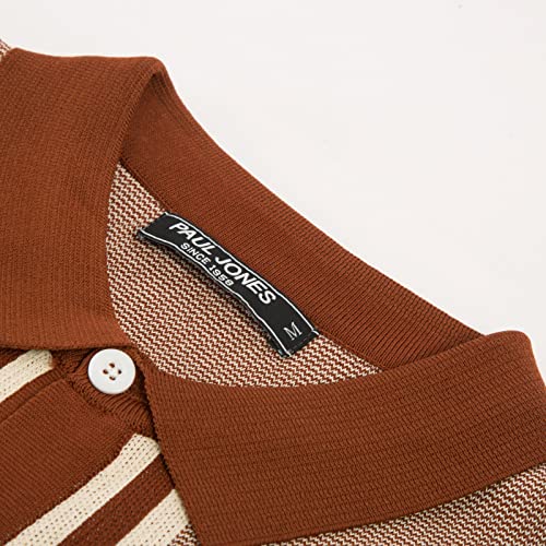 Mens's Vintage 90s Retro Stripes Polo Shirts Button Down Knit Shirts Caramel XL