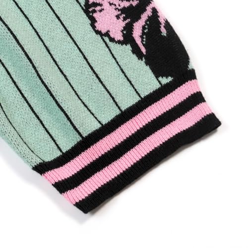 OXKNIT Men's Knit Short Sleeve Shirts Retro Pink Floral Pattern and Stripes Green Cotton Polo Shirt with Quarter Button