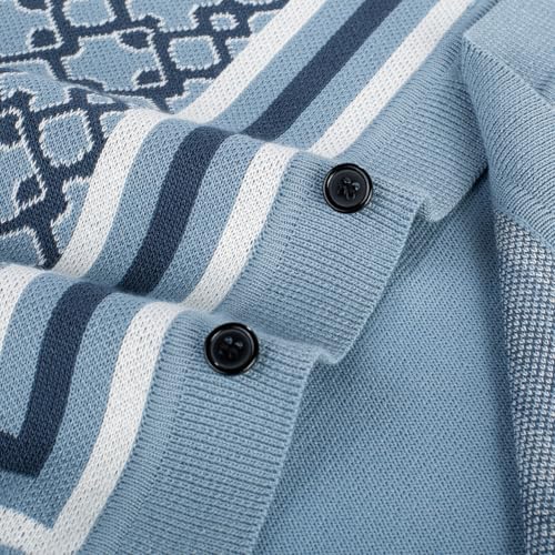 PJ PAUL JONES Men's Knit Polo Short Sleeves Shirts Button Down Summer Shirts 70s Retro Shirts Blue-Grey