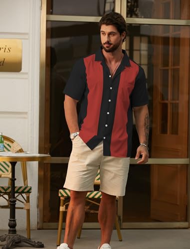 Hardaddy Men's Vintage Bowling Shirt 1950s Short Sleeve Casual Button Down Summer Beach Camp Collar Shirts Wine Red L
