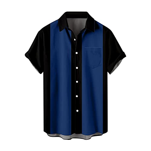 Men's Vintage Bowling Shirts Short Sleeve Button Down 1950s Retro Rockabilly Style Hawaiian Shirts Summer Beach Tops A- Blue