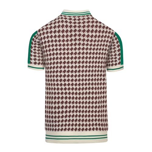 OXKNIT Men's Knit Short Sleeve Shirt 1960s Retro Brown Pattern Knitted Polo Shirt Beige Cotton Polo with Quarter Button