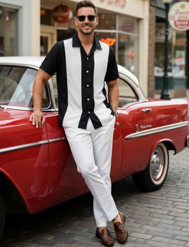 Men's Vintage Bowling Shirts 1950s Retro Short Sleeve Outfits Button Down Summer Cuban Beach Shirt White