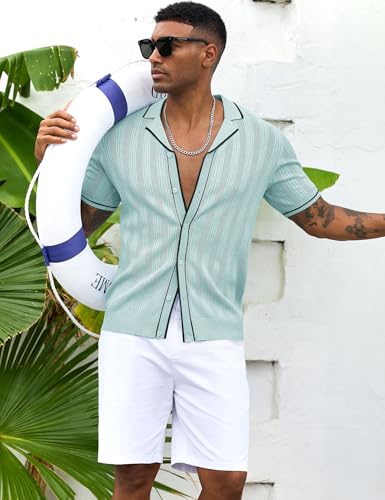gigkik Men's Knit Button Down Shirt Short Sleeve Vintage Knitted Striped Summer Beach Tops Light Green S
