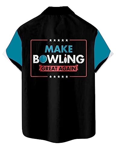 Mens Bowling Shirt Vinatge Holiday Leisure Retro Bowling Element Alphabet Pattern Hawaiian Style Printed Shirt Blue1 XL