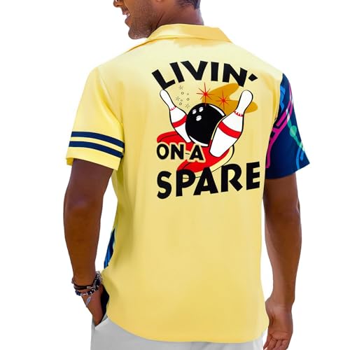 Hawaiian Bowling Shirts Men Retro Funny Sport Bowler Shirt Beach Summer Tee Tropical Vacation Button Down Short Sleeve Tops Yellow