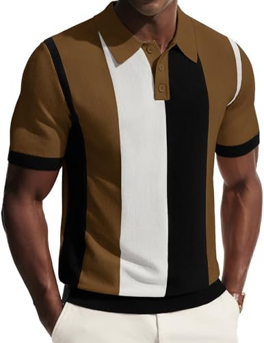 PJ PAUL JONES Mens Vintage Knit Polo Shirts Short Sleeve Textured Stripe Shirt 70s Casual Stylish Polo Coffee XXL