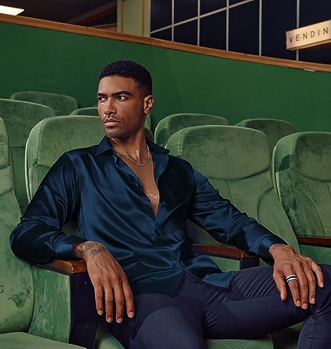 PJ PAUL JONES Mens 70s Disco Shirts Luxury Satin Silk Like Dress Shirt with Bow Tie Wedding Party Shirts Navy Blue L