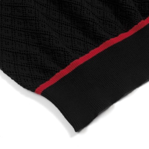 OXKNIT Men's Knit Short Sleeve Shirts Vintage Embroidery Rose Pattern Knitted Polo Shirt Black V-Neck Mesh Cotton Polo