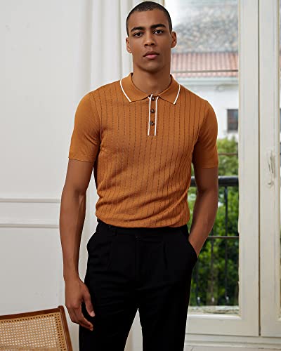 Kallspin Men's Vintage Knitted Polo Shirt Short Sleeve Solid Collared Golf Shirts with Button (Caramel Large