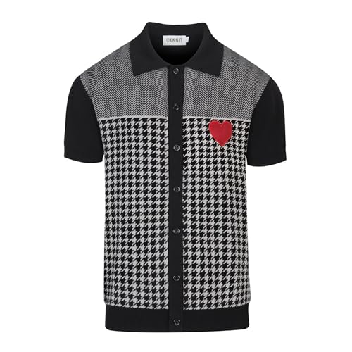OXKNIT Men's Knit Short Sleeve Shirts Button Down Vintage Knitted Embroidery Heart Pattern Polo Shirt Black Polo