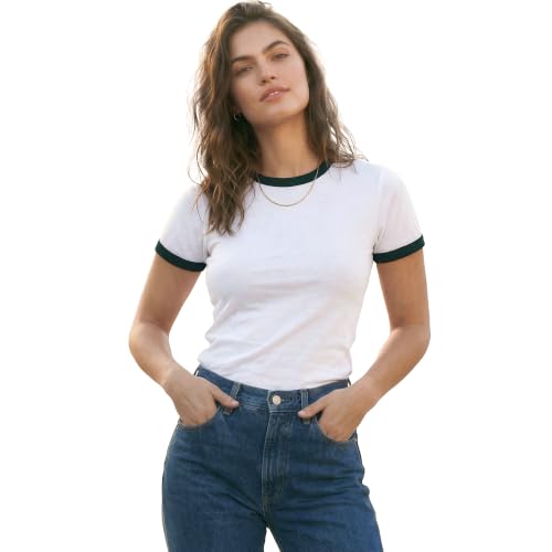Zengjo Womens Ringer Tee Crewneck Retro T Shirts with Trim(White/Green,XL)
