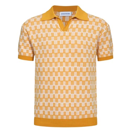 OXKNIT Men's Vintage Polo Shirts Lightweight Retro 70s Knit Golf Shirts, Short-Sleeve, Soft, Comfortable Orange