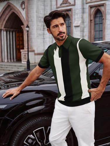 PJ PAUL JONES Knit Polo Shirts for Men Short Sleeve Retro Stripe Polo 70s Casual Golf Shirt Summer Beach Tops Green M