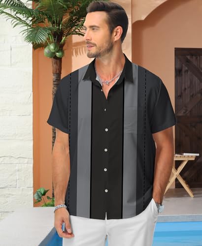 KYKU Mens Retro Bowling Shirts 1950s Outfits for Men Short Sleeve Casual Button Down Shirt with Pocket, Dark Gray, L