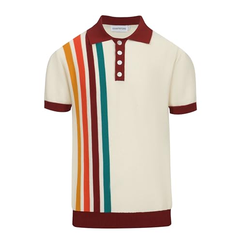 OXKNIT Men's Knitted Vintage Polo Shirt Casual Poloshirts Short Sleeve Summer Shirt with Stripe Design