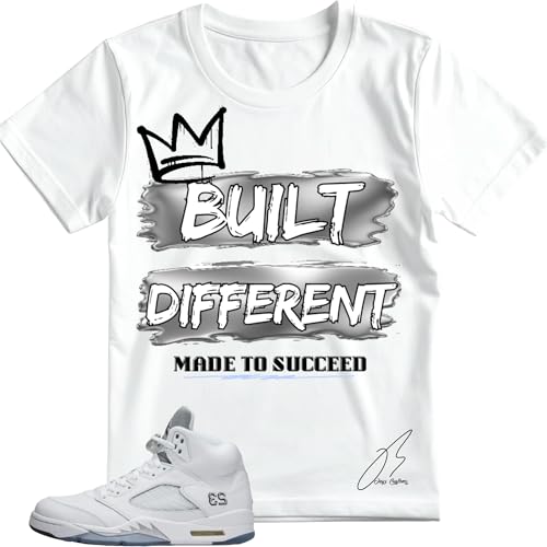 Shirt to Match 5 White Metallic, Built Different Shoe Coordinating Graphic Tee, Best Gift, Mens Clothing, Unisex Tops (US, Alpha, Large, Regular, Regular, White)