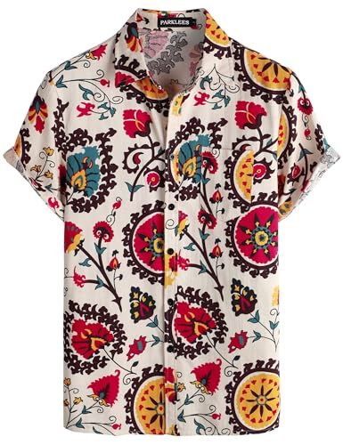 PARKLEES Men's Linen 70s Hippie Style Floral Print Shirt Short Sleeve Button Down Hawaiian Shirts Beige White Large