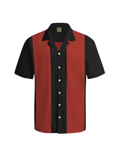 Hardaddy Men's Vintage Bowling Shirt 1950s Short Sleeve Casual Button Down Summer Beach Camp Collar Shirts Wine Red L