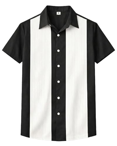 Aiyino Mens Vintage Bowling Shirt Retro Striped Button Down Beach Top Black