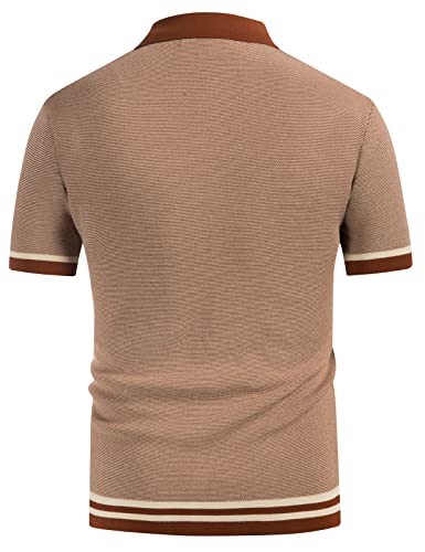 Mens's Vintage 90s Retro Stripes Polo Shirts Button Down Knit Shirts Caramel XL