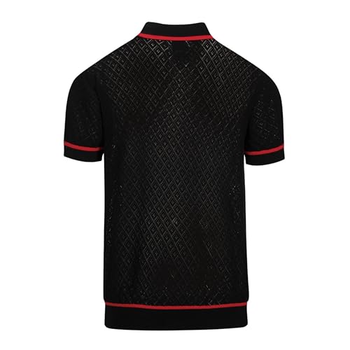 OXKNIT Men's Knit Short Sleeve Shirts Vintage Embroidery Rose Pattern Knitted Polo Shirt Black V-Neck Mesh Cotton Polo